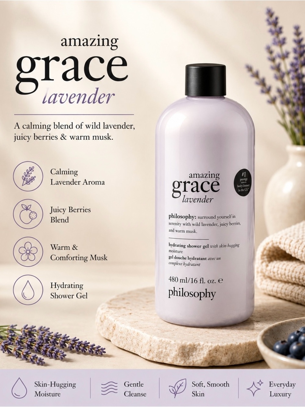NEW/Sealed Philosophy Amazing Grace Lavender Hydrating Shower Gel 480mL/16 fl oz